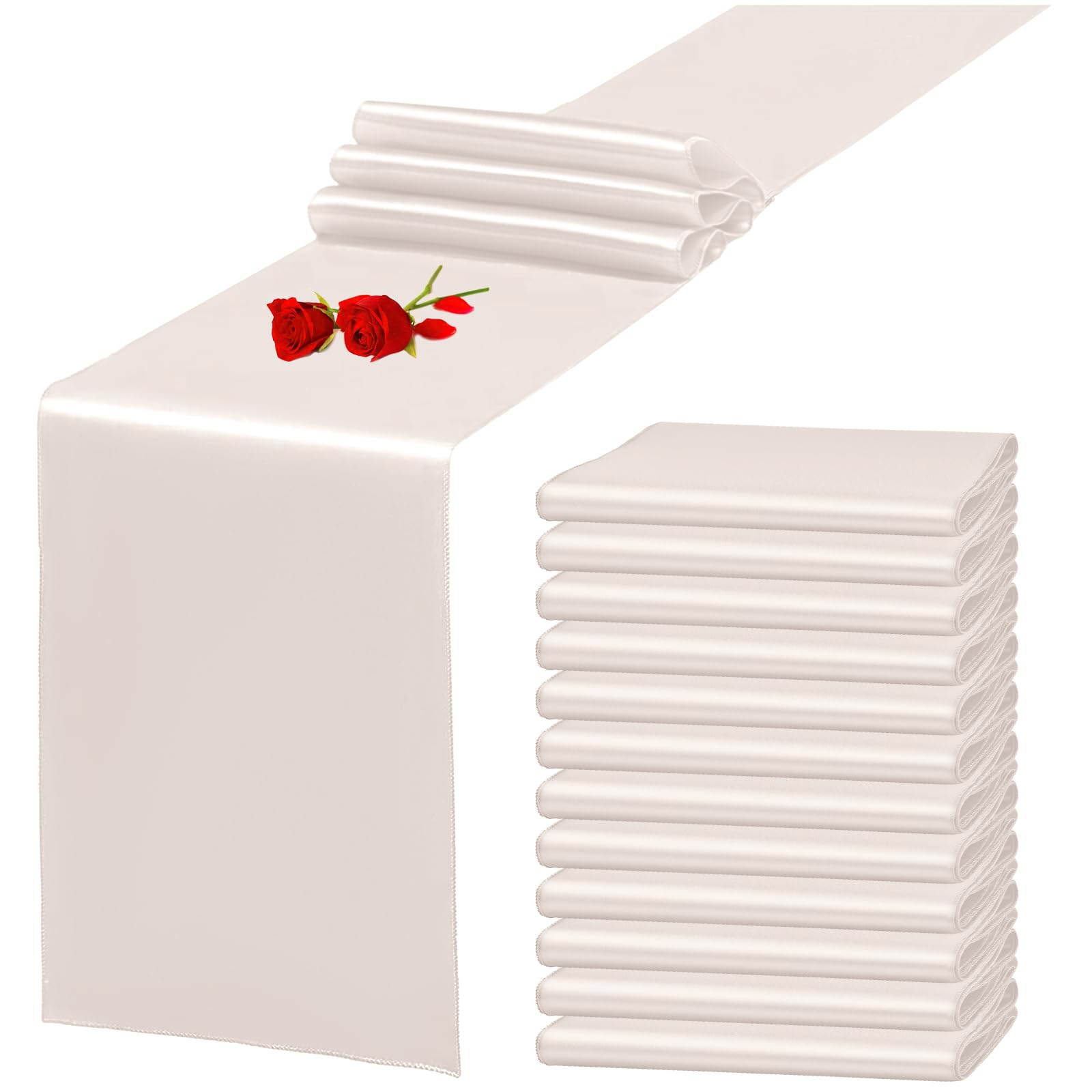 12 Pack Ivory Satin Table Runner 12 x 108 Inch Long Premium Table Runners for Wedding Party Events Decoration, Birthday Parties, Banquets Decorations,