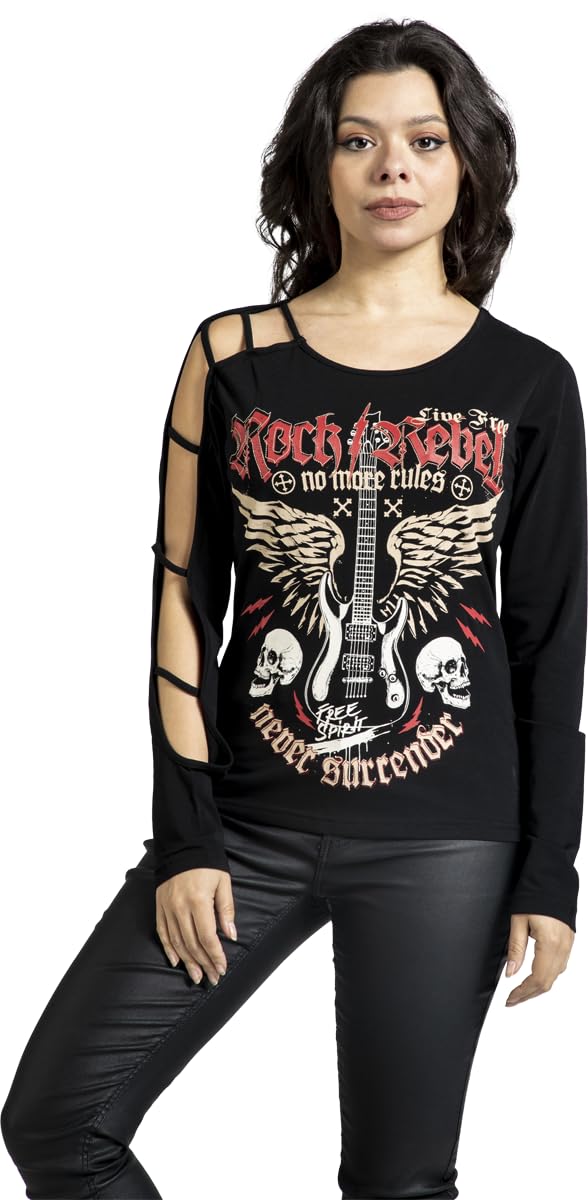 Rock Rebel by EMP Damen schwarzes Langarmshirt mit Front-/Backprint und offenem Ärmel