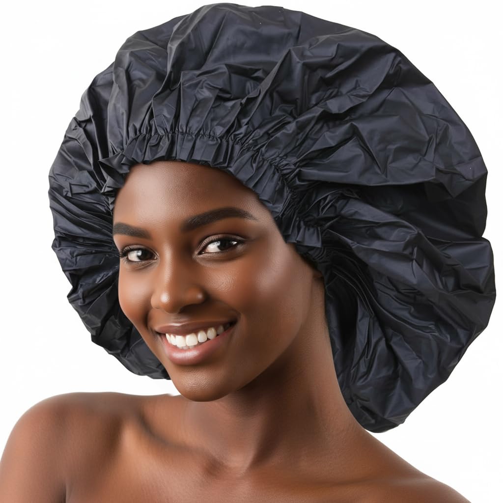 DONNA Super Jumbo Shower Cap – Comfortable Elastic Band, 100% Waterproof Hair Cap for Long Hair, Braids & Thick Styles, Reusable Big Shower Cap for Women, Keeps Hair Dry & Protected, Black