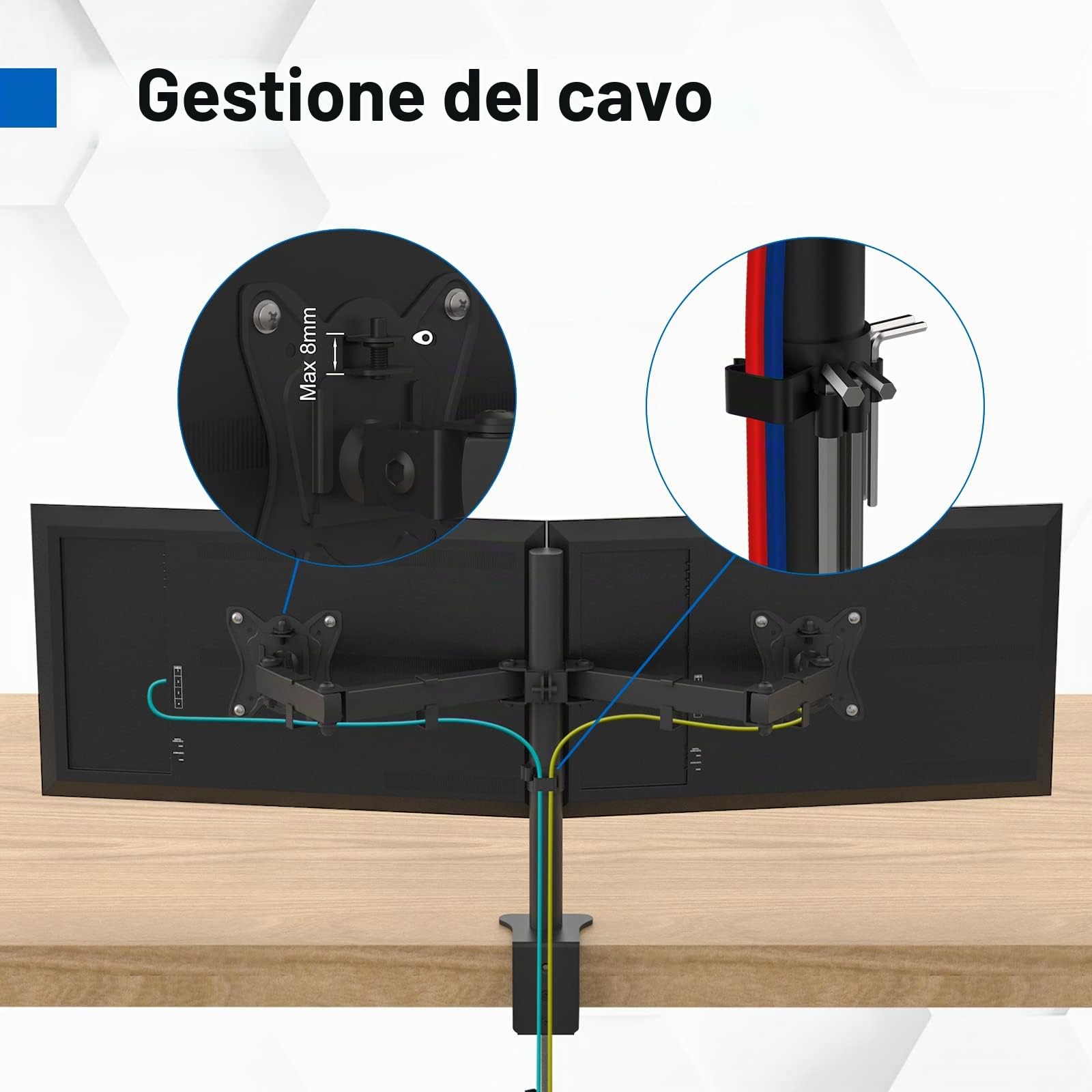 GRIFEMA GB2001-2 Braccio per Monitor Doppio, Supporto per Monitor Regolabile in Altezza per Schermi LED LCD da 13" - 32", Rotazione a 360°,Dimensioni VESA 75/100, capacità di Peso Fino a 9 kg