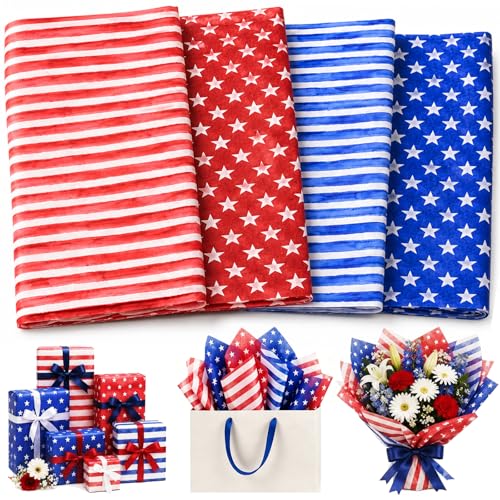 100 Sheets 4th of July Tissue Paper 13.8 x 19.7 Watercolor Stars Seamless Pattern Blue Red Stripes Gift Wrapping Paper for Independence Day DIY Craft Patriotic Party Supplies