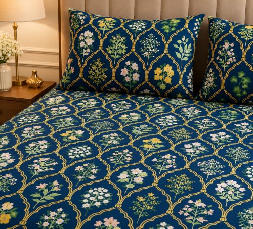 Image of LOOMLYFE 300 TC Cotton Double Bedsheet with 2 Pillow Covers | 90x100 Inches King Size Bed Sheet | Soft, Breathable & Fade Resistant Bedding Set - NavyJaipuri