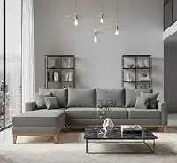 Sofá Beny com Chaise Esquerda, 1,40x2,60m, 4 Lugares, Linho, Base em Madeira. (Cinza)