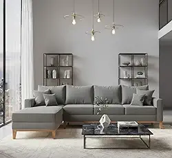 Sofá Beny com Chaise Esquerda, 1,40x2,60m, 4 Lugares, Linho, Base em Madeira. (Cinza)