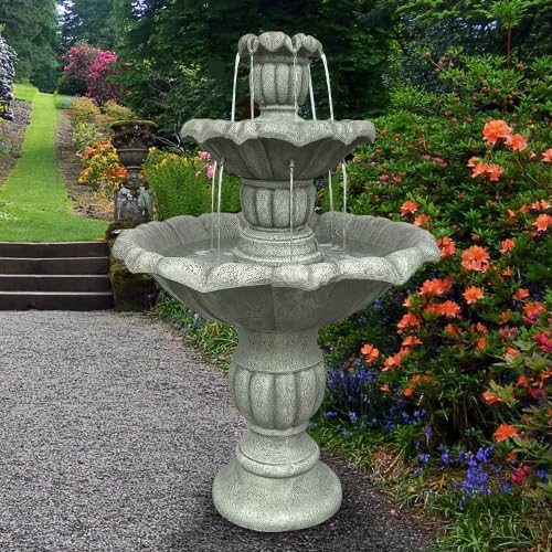 Bodenbrunnen aus Beton Outdoor, Ø67 cm Kaskadenbrunnen mit Pumpe, Wetterfester Gartenbrunnen für Terrasse