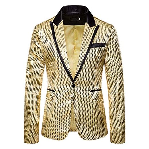 Duohropke Americana de lentejuelas para hombre, color dorado brillante, corte ajustado, abrigo de boda, abrigo de manga larga, chaqueta de hombre, disfraz de rendimiento para bodas y fiestas,