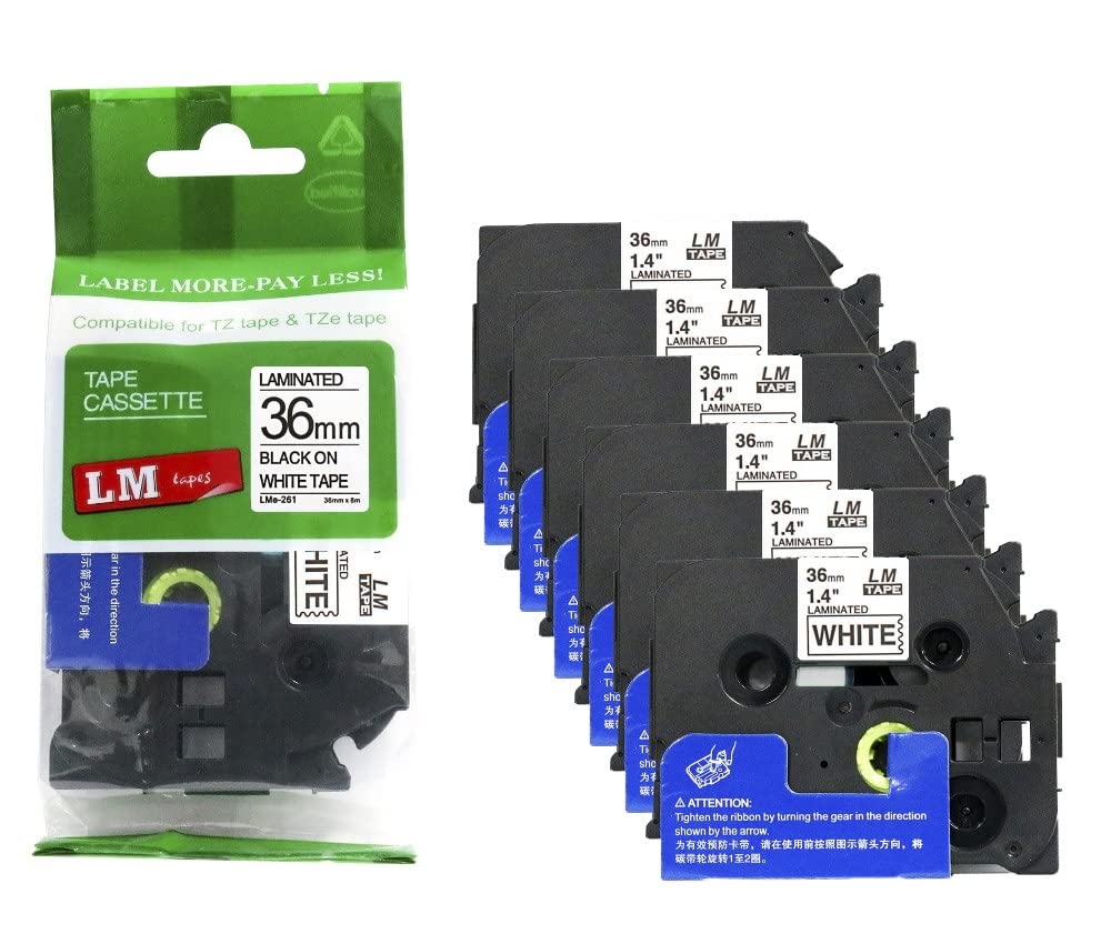 6/Pack LMe261 Premium 1.5" Black Print on White Label Tape, Compatible with Brother TZe-261 P-Touch Tape 36mm Laminated Replacement Label Tape.