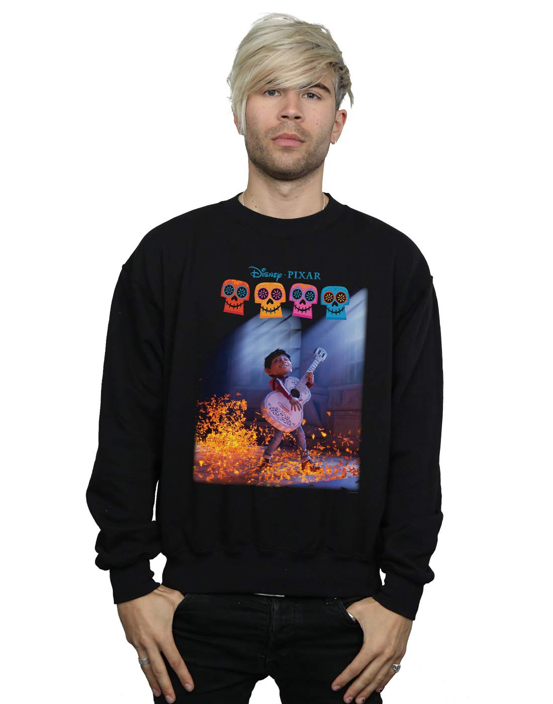Official Licensed Disney Coco Miguel Playing Guitar Men's Sweatshirt - Soft Fleece Crew Neck Sweatshirt, Front Graphic Print, Warm Jumper, Fan Gift, Available in Multiple UK Sizes Black