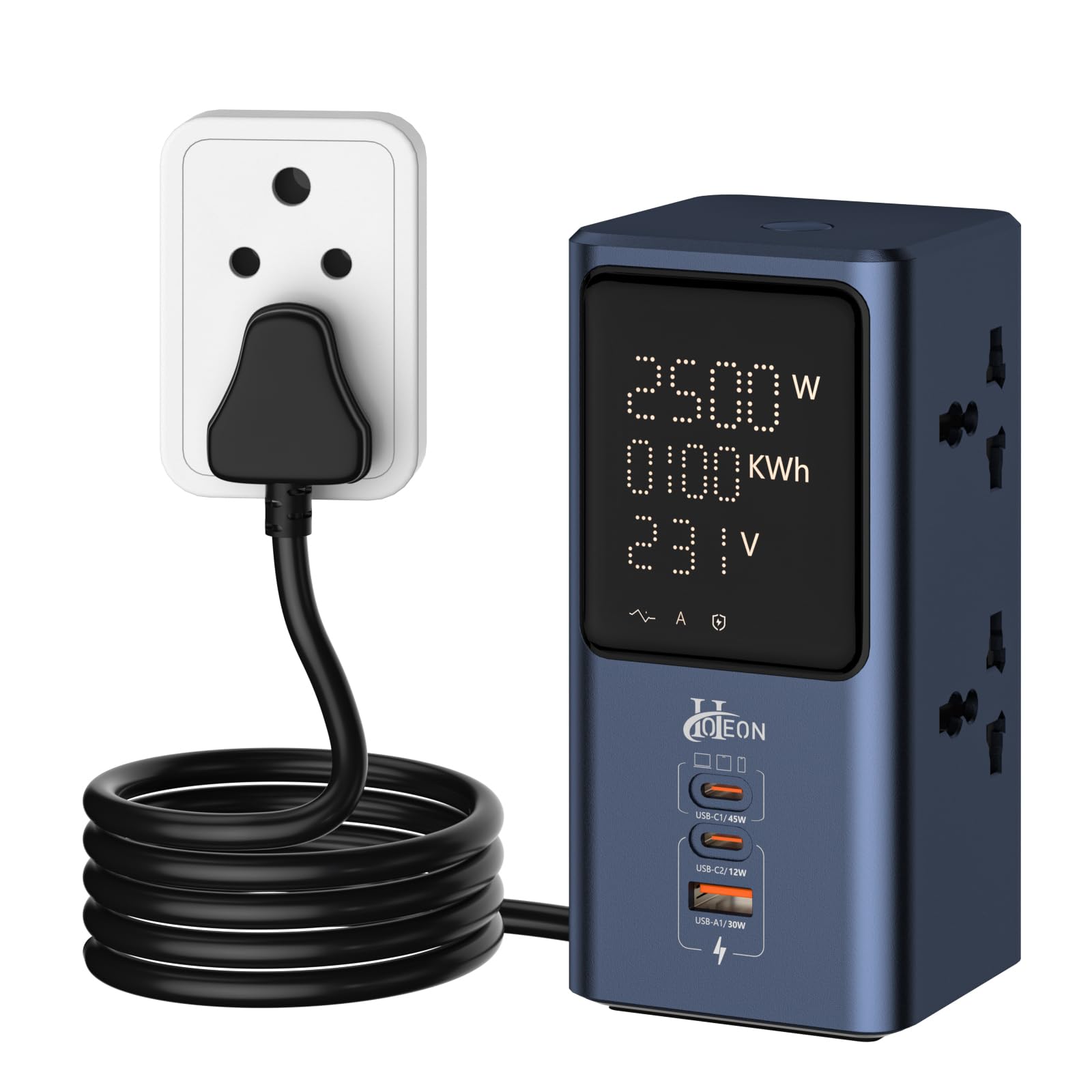 Hoteon Tower Extension Board with Surge Protection, 45W USB-C PD Fast Charging (GaN), 10A/2500W Power Strip (Spike Guard), 4 AC Sockets, 2 USB-C + 1 USB-A, Indian 3-Pin Plug, 2m Extension Cord Indoor