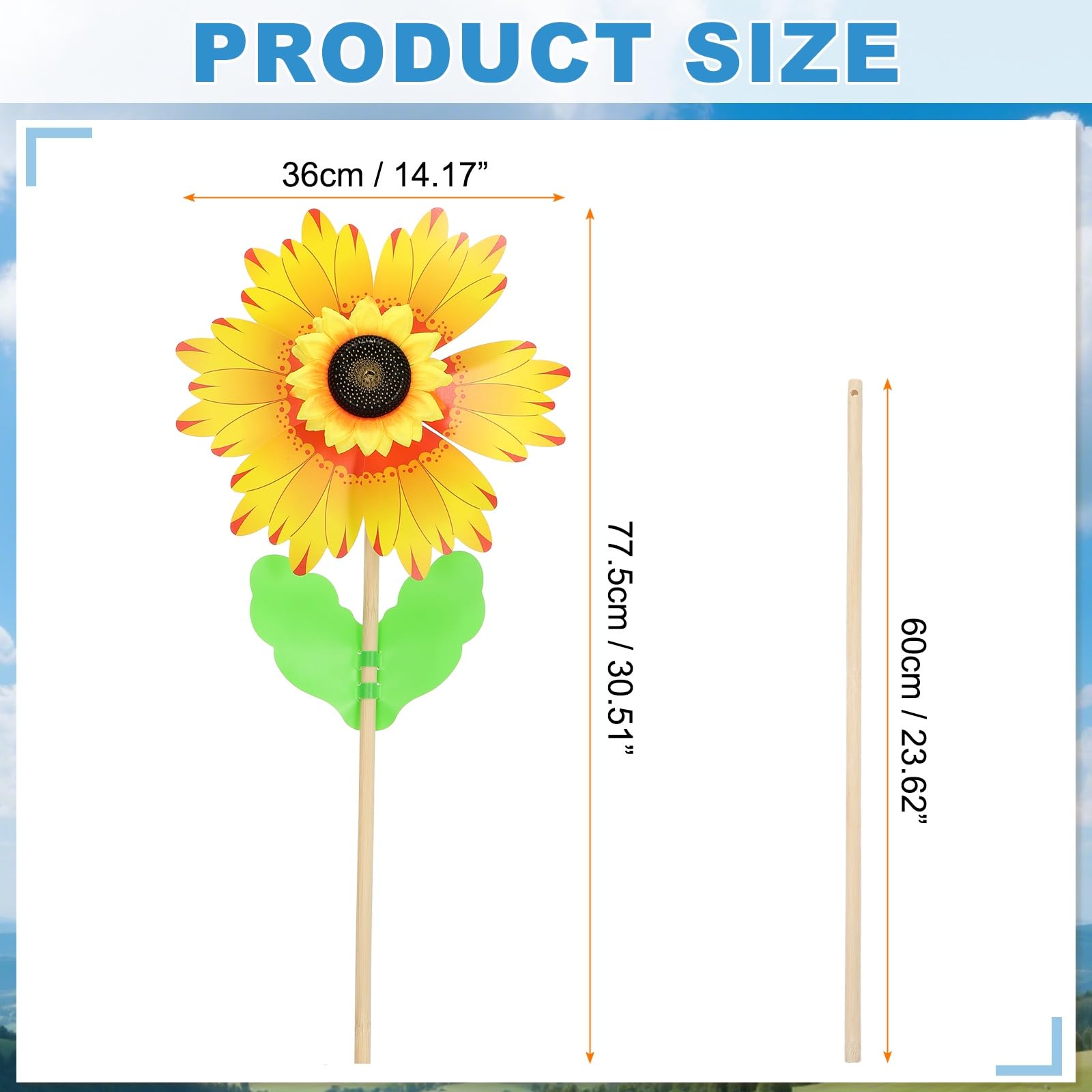 QUARKZMAN Molinillos 14.2" Giratorio Color Degradado Girasol Molinillos Viento 6 Hojas Molino Viento Madera con Palos De Madera De Girasol para Jardín Patio Césped Fiestas Al.