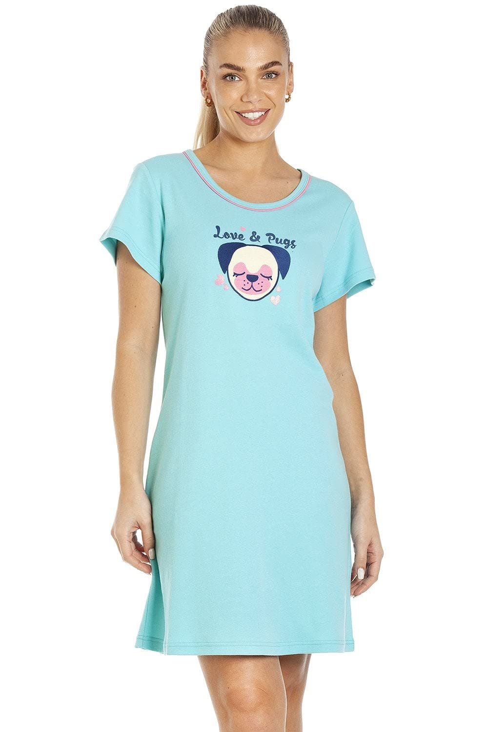Camille Women's Aqua Short Sleeve Pug Summer Nightdress In Size 12-14