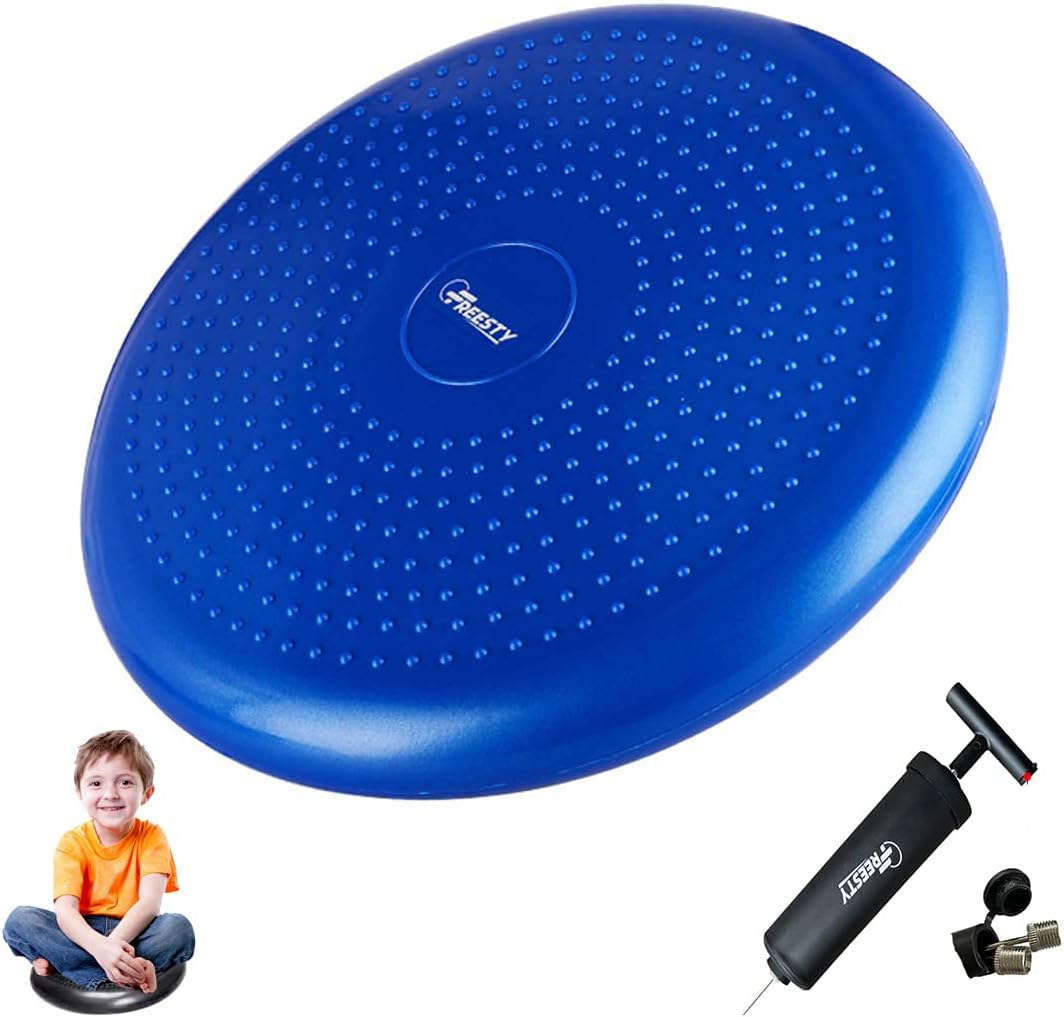 Freesty Wobble Cushion, Wiggle Seat with Pump, Air Stability Disc Core Trainer for Home & Gym, Office Desk Chair Cushion for Flexible Classroom Seat, Sensory Kids Cushion Seat for Fidget, Blue
