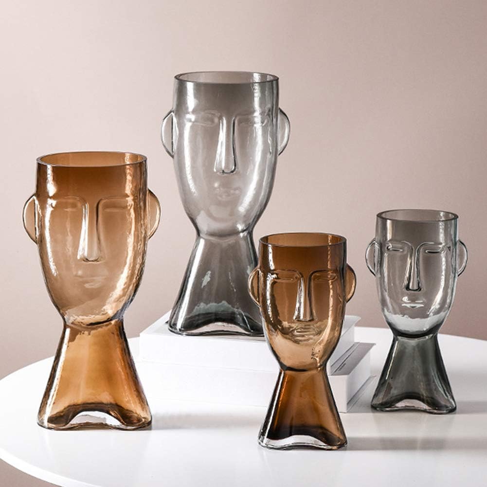 Floral Vase Face Decorative Glass Vase Flower Pot Indoor Outdoor Head Planter Urn Home Garden Centerpieces Wedding Party Hotel Restaurant Cafes Decor, Grey, Large