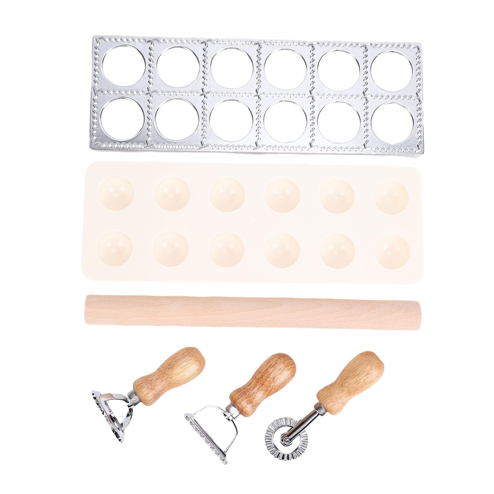 Ravioli-Pressformen-Set, 12 Löcher, Ravioli-Presse, 1 x Nudelschneider, Stempelhersteller, 1 x Nudelholz aus Holz, Nudelherstellungswerkzeuge, 1 x Fülllöffel, für Ravioli, Knödel,