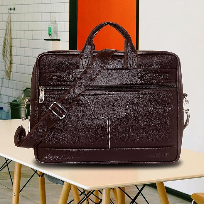 Image of Men's Synthetic Leather Messenger Bag, Brown, Professional Laptop Shoulder Bag with Adjustable Strap