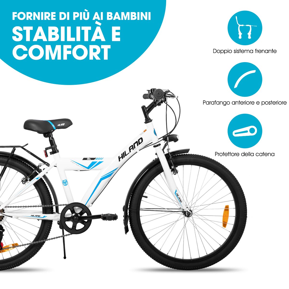 HILAND Mountain Bike 20/24” per Bambini e Bambine 6-10+ Anni, Cambio a 6 Velocità, Bici da Città per Ragazzi, con Portapacchi, Colore Nero/Bianco