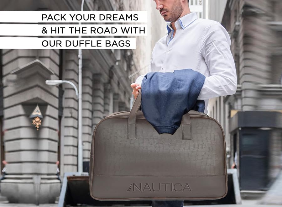 Image of Nautica Unisex 25L PU Duffle Bag for Travel | Stylish Leatherette Cabin Luggage with Smooth Zippers | Compact, Comfortable & Spacious for Weekend Trips, Gym & Everyday Use | Brown