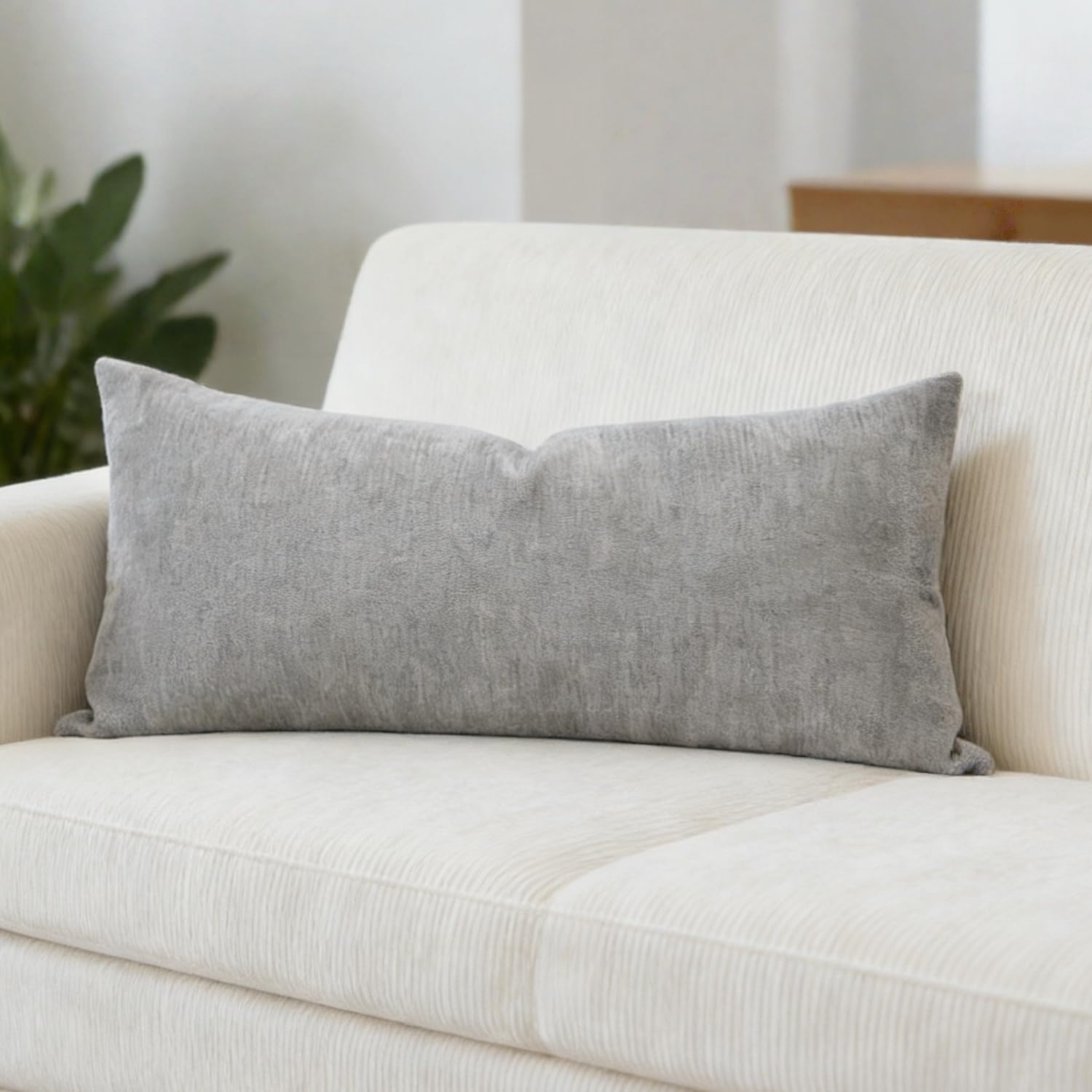Slow Cow Chenille Lumbar Throw Pillow Cover 12 x 24 Inches Grey