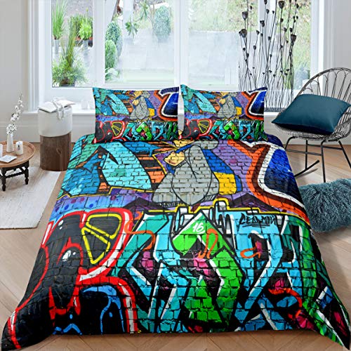 Erosebridal Teenager Hip Hop Duvet Cover Queen Size Kids Teens Girls Boys Street Graffiti Comforter Cover Watercolor Quilt Cover,Decorative 3 Pcs Bedding Set (1 Duvet Cover 2 Pillow Cases)
