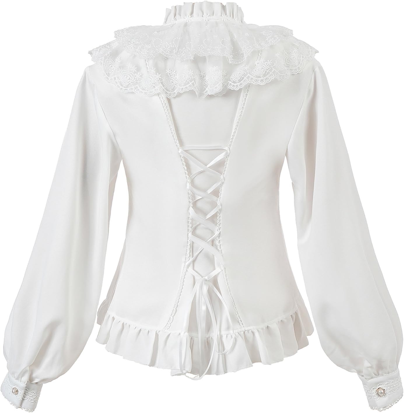 CR ROLECOS Womens Victorian Blouse Lace Ruffle Neck Bishop Long Sleeve Vintage Edwardian Shirt Lolita Tops White 3XL - Image 6