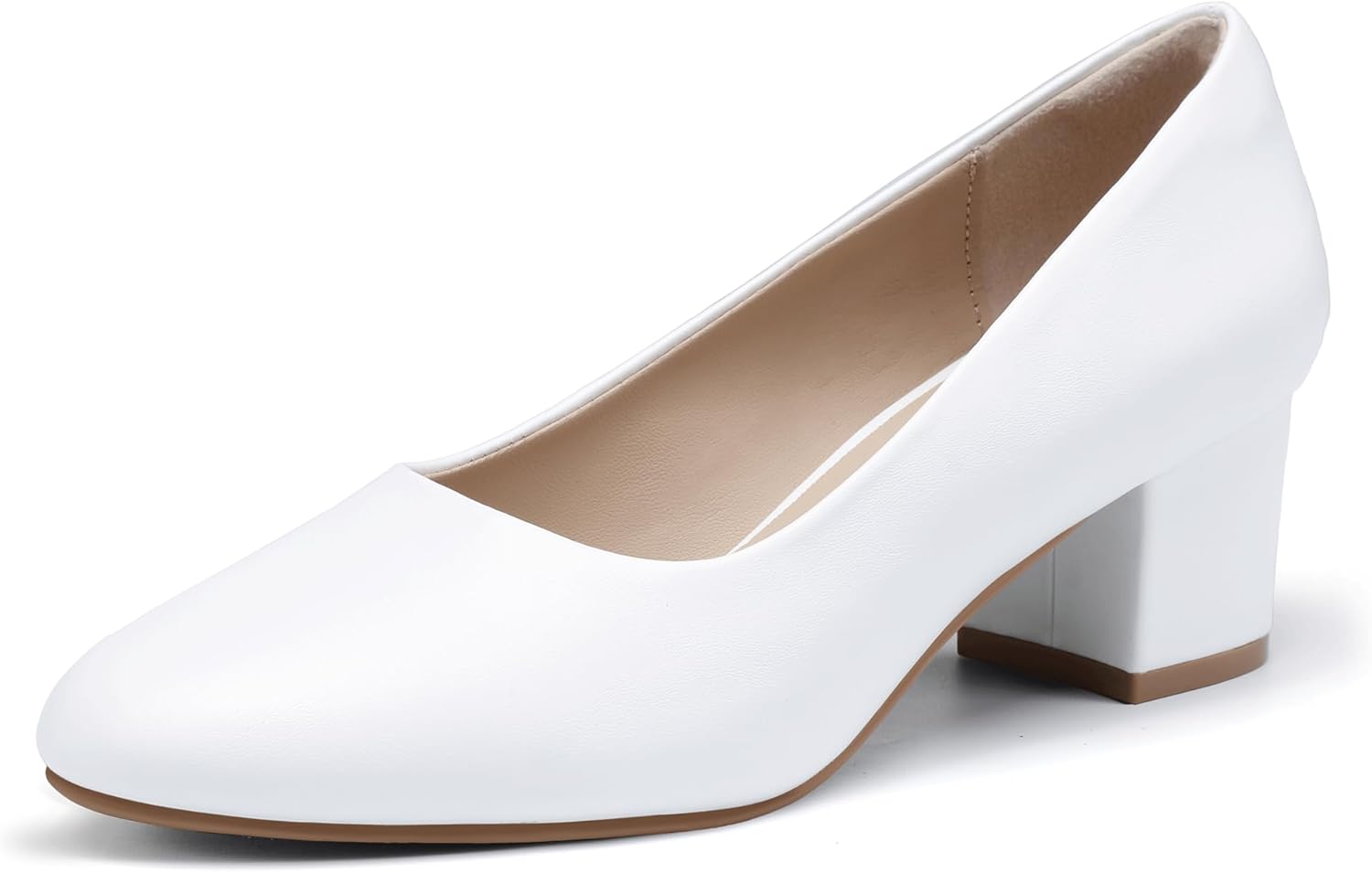 IDIFU IN2 Women's Pumps Low Chunky Block Closed Toe Heels Comfortable Short Heels Dress Shoes for Women Wedding Bridal Homecoming Work Heels Dressy Formal Round Toe Pumps Shoes 9 White Pu