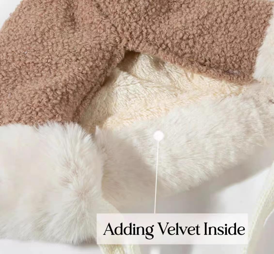 Winter Plush Hat Women Thick Plush Bearnie Faux Fur Warm Cute with 3 Pompoms and Cat Ears (White)