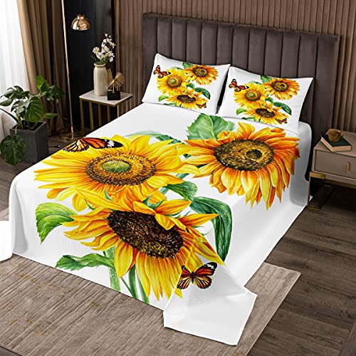Colcha de girasol, 170 x 210 cm, diseño de acuarela y girasoles, juego de 2 unidades para habitación de los niños, colcha botánica, mariposas, flores, ropa de cama extragrande con 1 funda de almohada