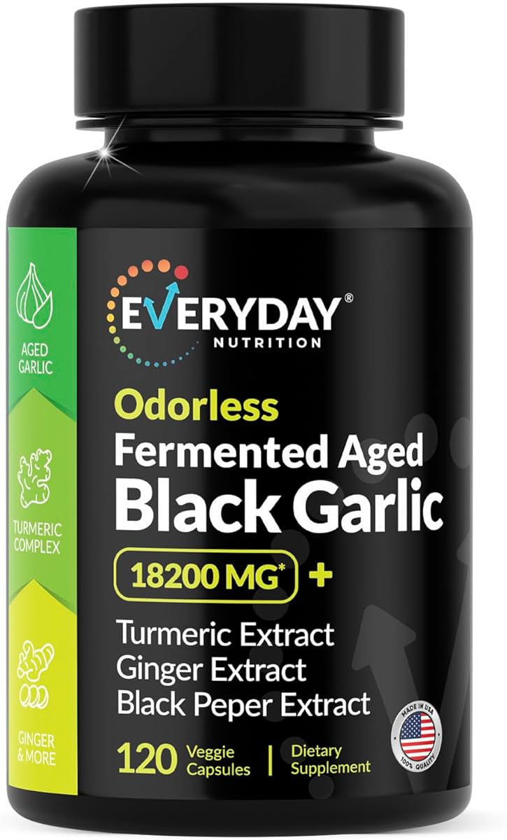 Odorless Fermented Aged Black Garlic Extract 18,200 MG with Turmeric Complex, Ginger, Black Pepper Extract, 120 Veggie Capsules