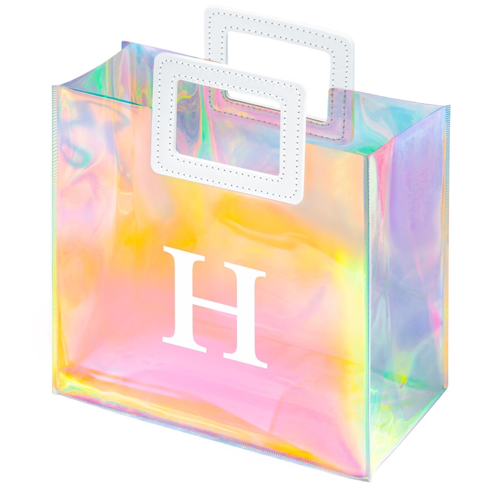 VUOJUR 8.3'' Holographic Letter Gift Bag for Women Girls Birthday Personalized Reusable Party Bag (H)