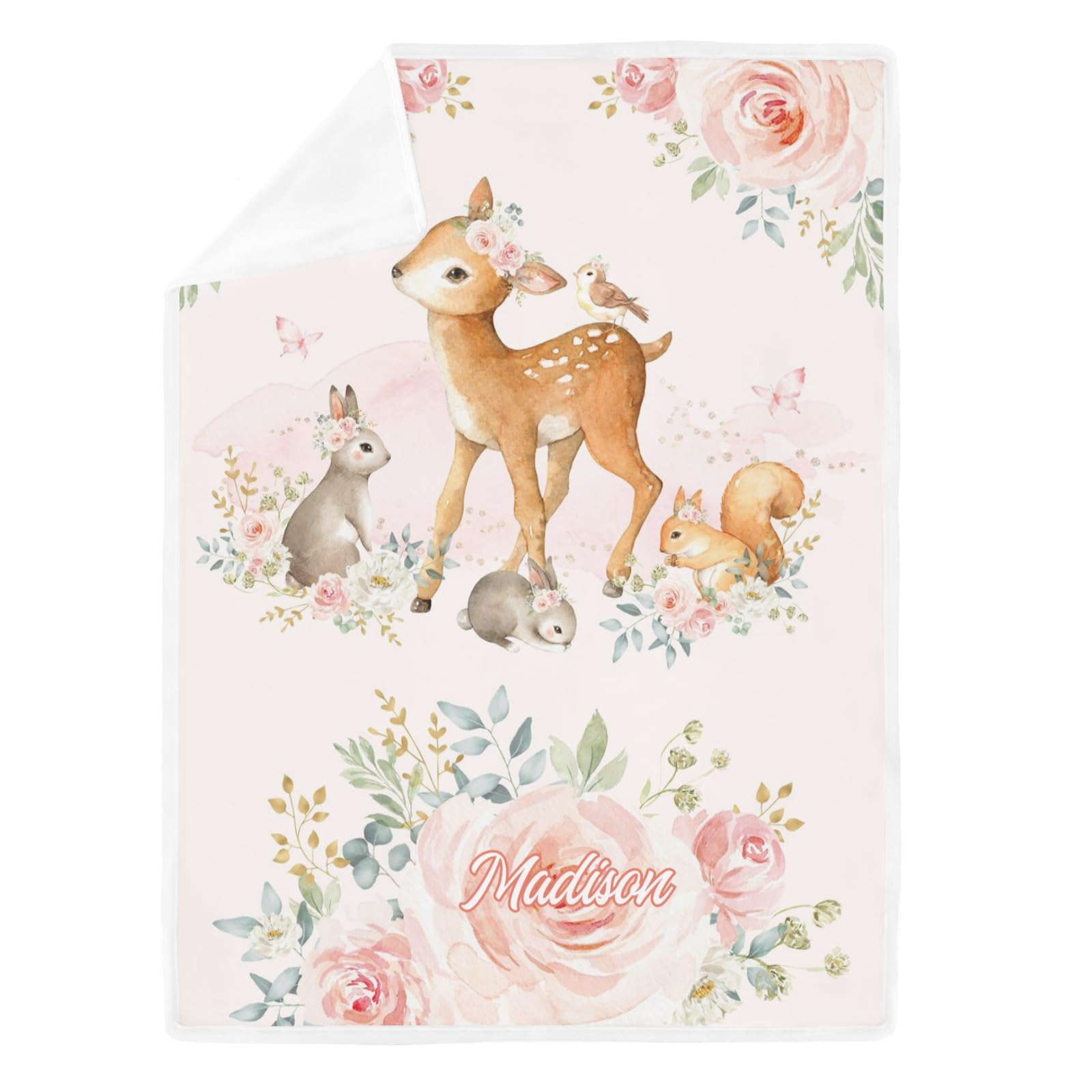 GoTussWO Personalized Gift Pink Girl Woodland Animals Floral Safe Blanket, Stroller Canopy Replacement,40x50Inch