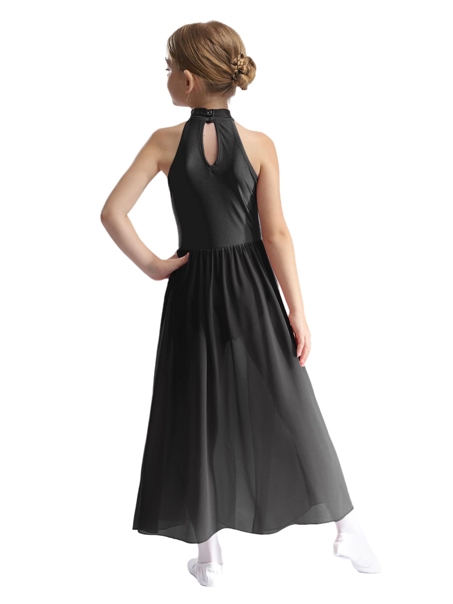 IEFIEL Mädchen Lyrisch Tanzkleid Elegante Ballettkleid Lang Ärmellose Eiskunstlauf Kleid Tango Cha Cha Tanzkleidung Chiffon Kleid