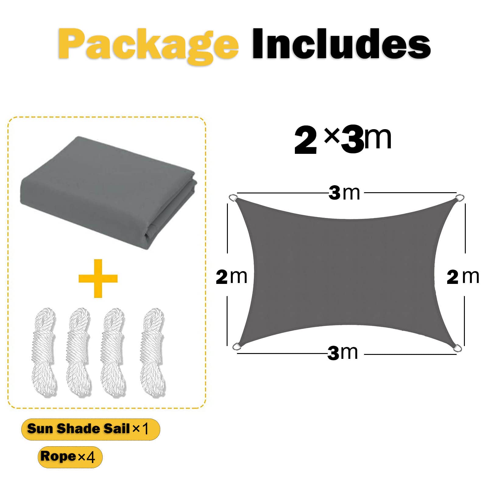 sunal Sun Shade Sail Waterproof 2×3m,Rectangle Outdoor Garden Shade Canopy Sail,95% UV Blocking Sun Sail,PES Wind and Tear Resistant,with 4 Ropes,Grey - Image 2