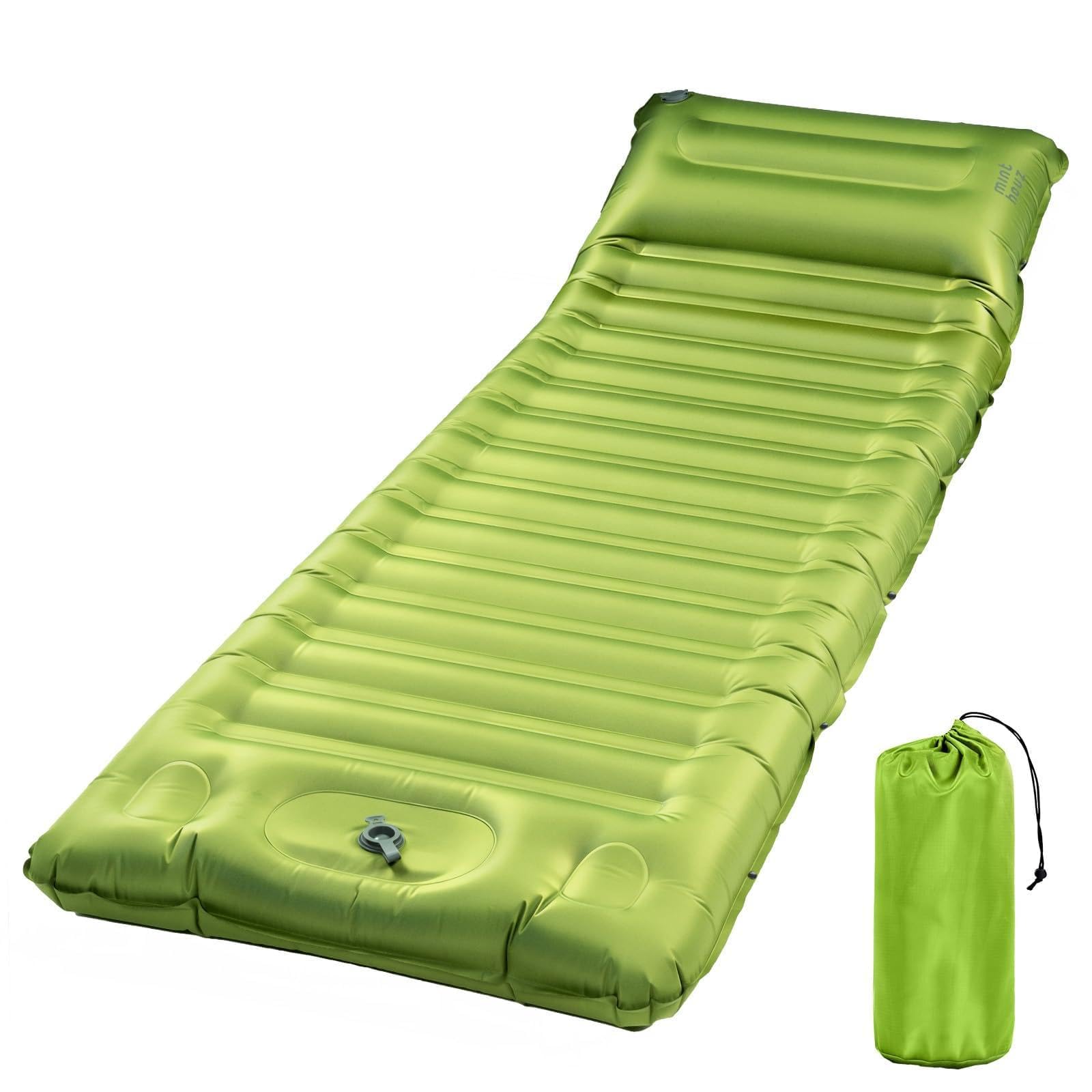 Minthouz Matelas de camping en mousse à mémoire de forme ultra épais avec oreiller, gonflage rapide en 20 secondes, matelas de camping isolé 4 saisons pour camp/voyage/voiture/tente