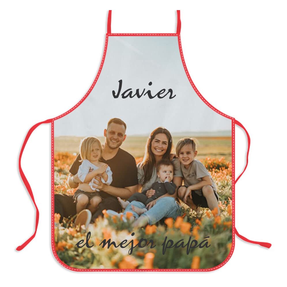 Wanapix | Delantales Personalizados con Fotos y Textos | Delantal de Cocina Customizado | Ribete en Colores Variados | Regalo ideal para Cocinillas y aficionados a Cocinar (Ribete rojo)