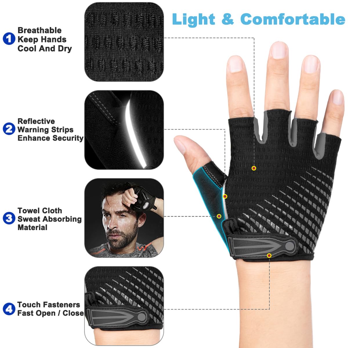 LUROON Gants Cyclisme Demi Doigt Gant Réfléchissant Gel Bicyclette Courts Homme Femme VTT Moto
