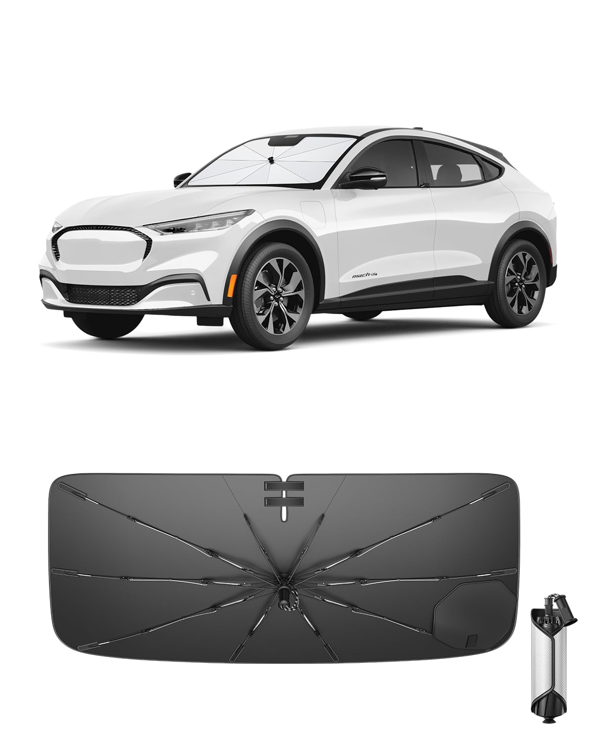 Ruiya 2026 Upgrade Parasol Coche Delantero Compatible con Ford Mustang M*ACH-E 2021-2026, Paraguas Plegable Aislamiento Térmico, Protección UV, Accesorios para Parabrisas