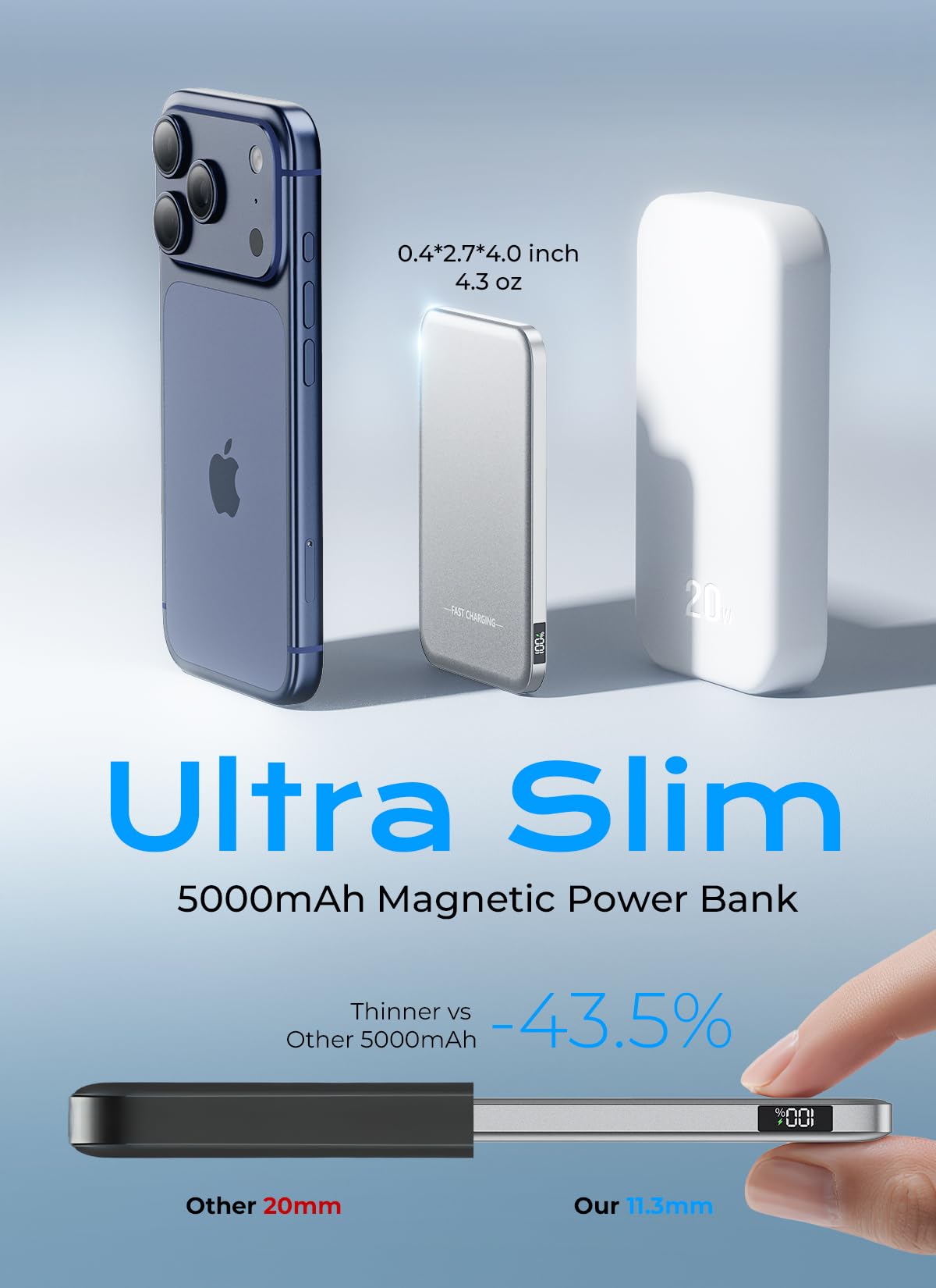 Aobbow Magnetic Portable Charger, 5000mAh Ultra Slim Power Bank, 15W Fast Charging for Magsafe Battery Pack, Travel Essential Wireless Charger Compatible with iPhone 17/16/15 Series - Space Gray - 3