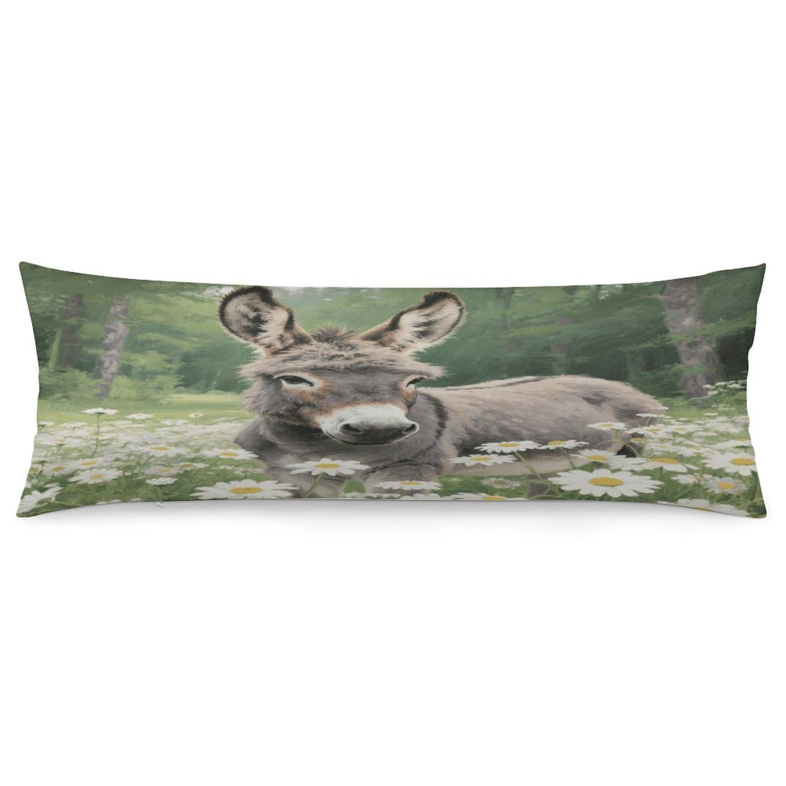 Body Pillow Pillowcase 19x53 Inch Donkey in Daisy Bush Print Body Pillow Cover with Hide Zipper Super Soft Cozy Long Pillow Case Rectangle Long Body Lumbar Cushion Case for Bedroom