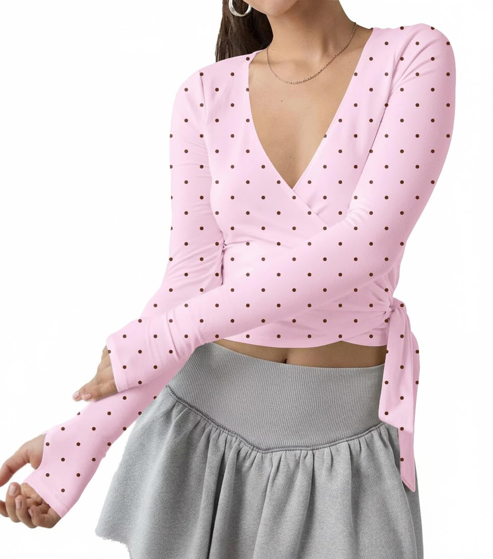 Women Aesthetic Polka Dot Open Front Tie Ballet Wrap Crop Tops V Neck Fitted Long Sleeve Tee Shirts Yoga Workout