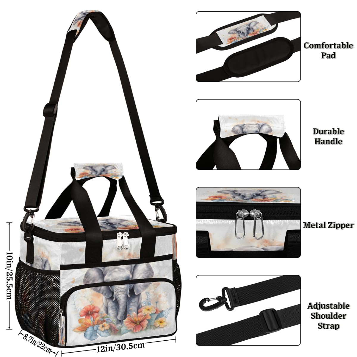 Eephant Floral Insulated Picnic Backpack Lunch Box for Women Men Picnic Basket Tote Lunch Bag Picnic Bag Portable Lunch Bags for Picnic, Beach, Work, Trip,Office, Camp Eephant