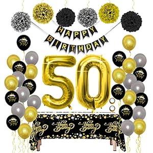 Geburtstag Dekoration Schwarz Gold Set, Geburtstagsdeko mit Happy Birthday Banner Luftballon Tischdecke PomPom…