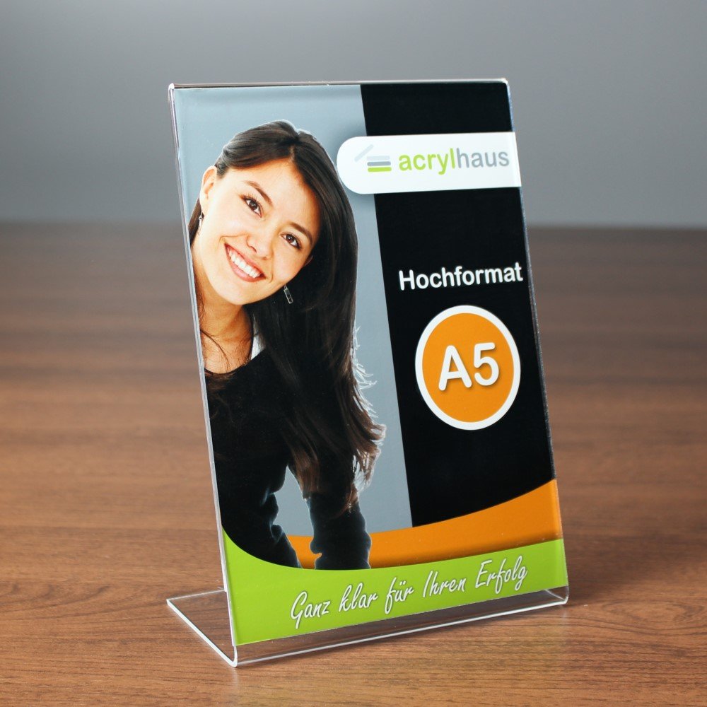 Zeigis 10 Stück DIN A5 L-Ständer/Werbeaufsteller im Hochformat Acrylglas | 10er Set, L-Ständer, Echtes Acrylglas, Glasklar, Mit Schutzfolie, Made in Germany, Sicherer Stand, Einfacher Blattwechsel