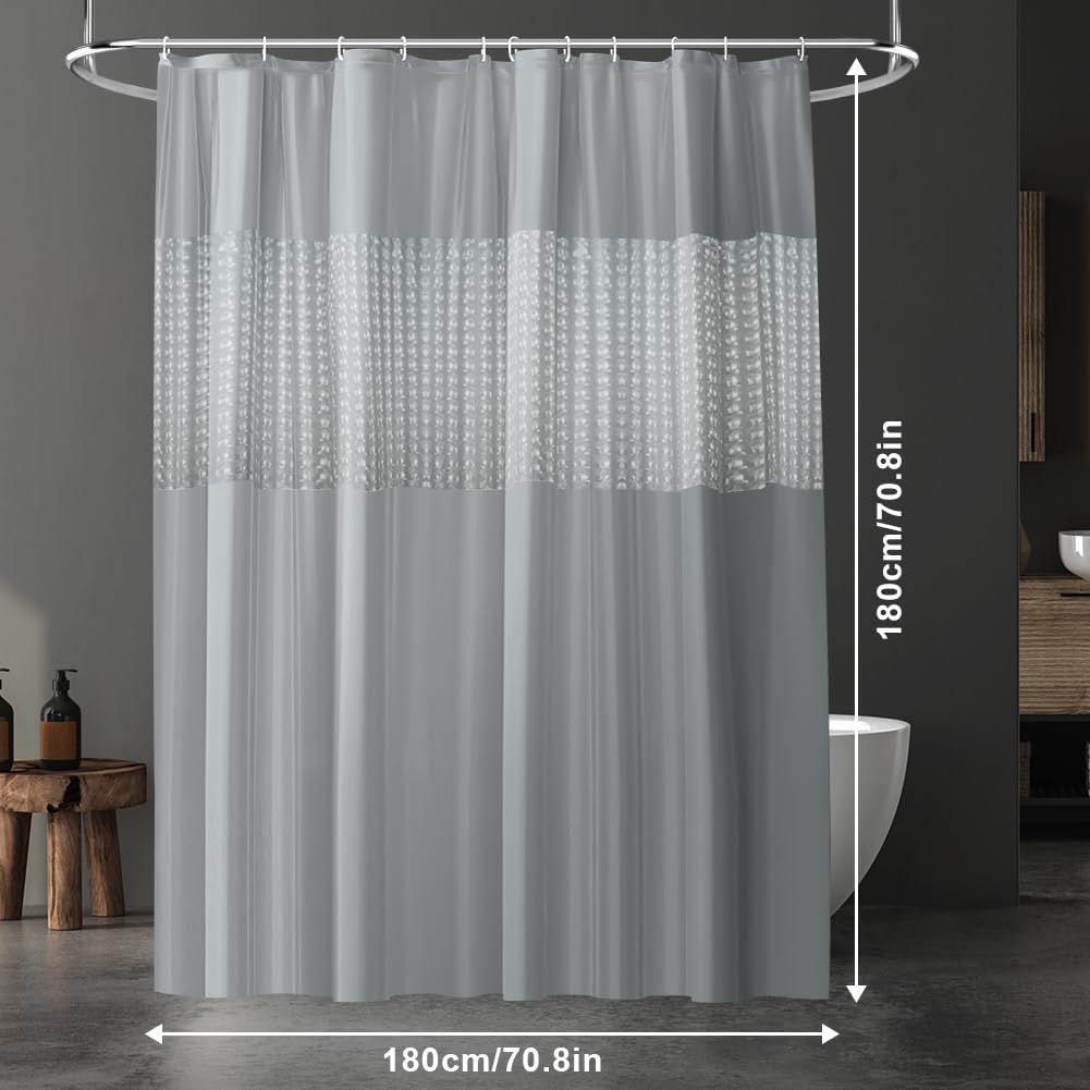 URAQT Shower Curtain Anti Mould, Waterproof PEVA Bath Curtains, Mildew Resistant Bathroom Shower Curtains with 12 Hooks - Image 2