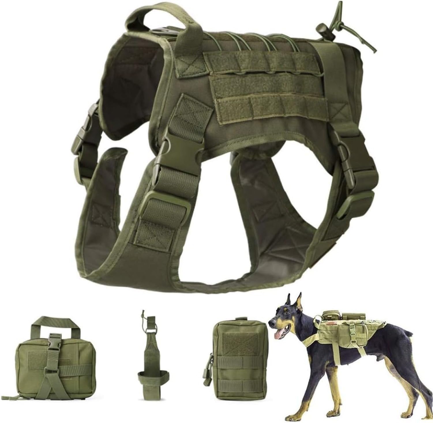 Harnais de Chien Tactique Molle pour Chien Moyen et Grand Chien de Travail ou Service, Gilet Anti-Traction sans étirement pour randonnée entraînement, Sac à Dos, Green, L