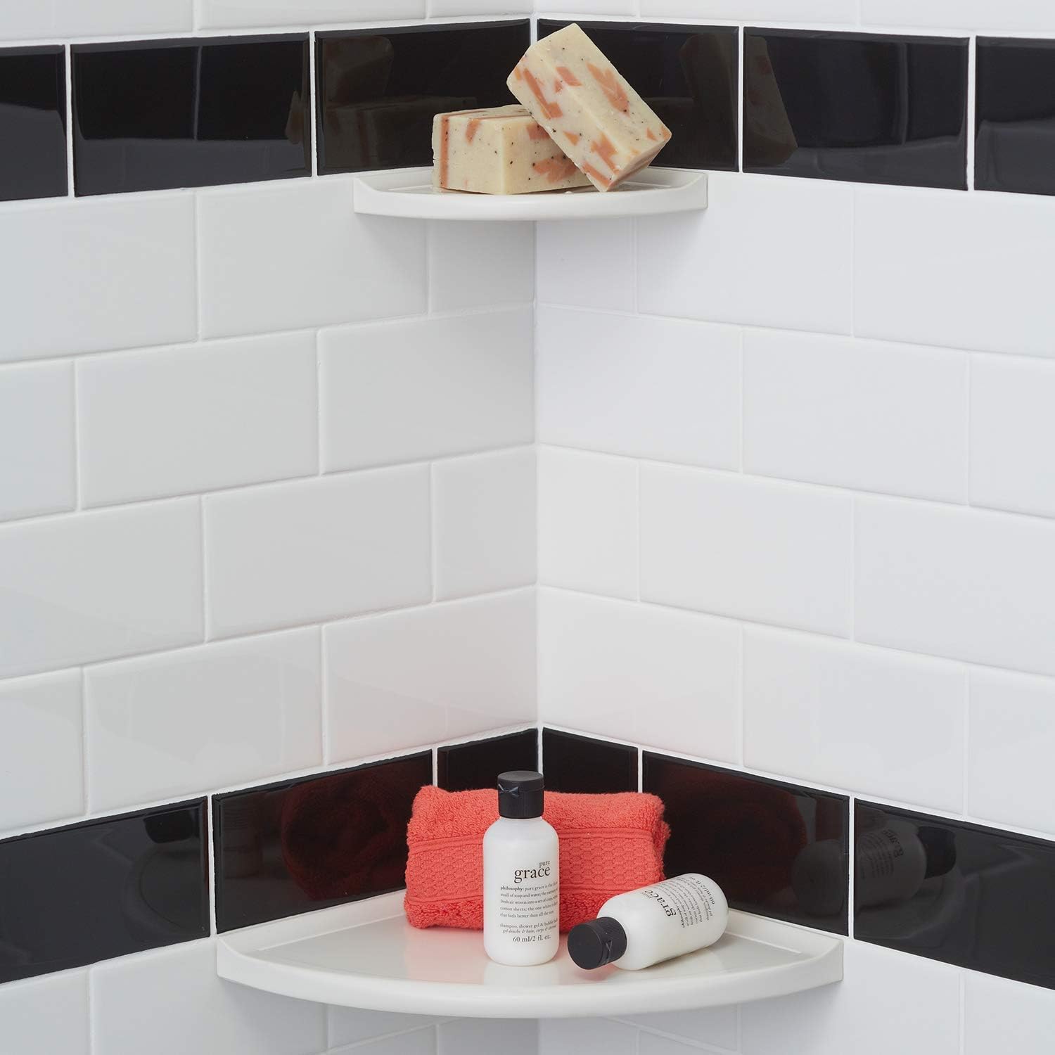 Questech 8 Inch Corner Shower Shelf and 5 Inch Shower Caddy Soap Dish, Metro Flatback Wall Mounted Bathroom Shower Organizer, Bright White Polished