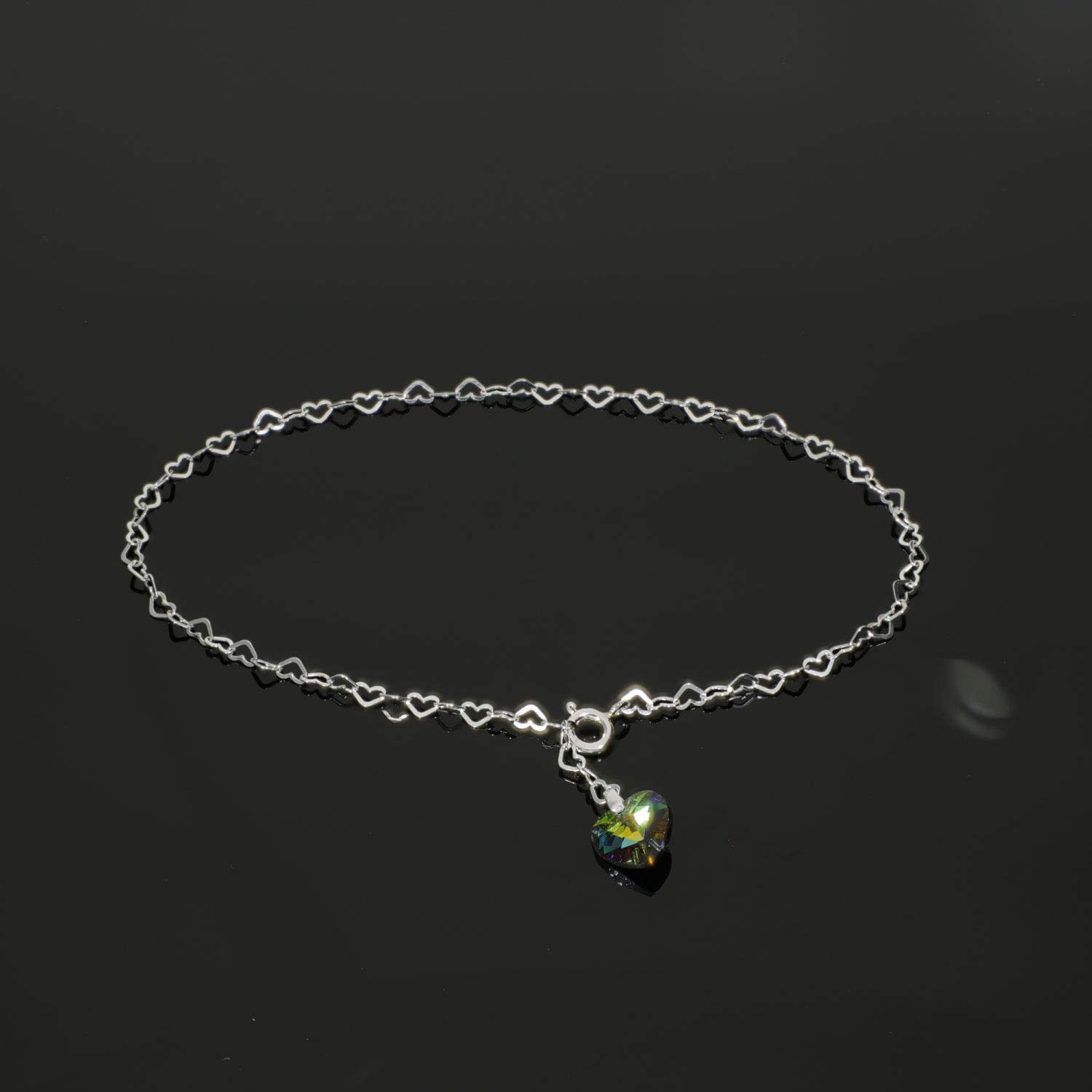 Individuelle Fußkette Fußkettchen XL 32cm 925 Sterling Silber für Damen gefertigt mit Swarovski Elements Herz Anhänger individuell einstellbar. Hochwertiger Fußschmuck für Frauen und Mädchen.