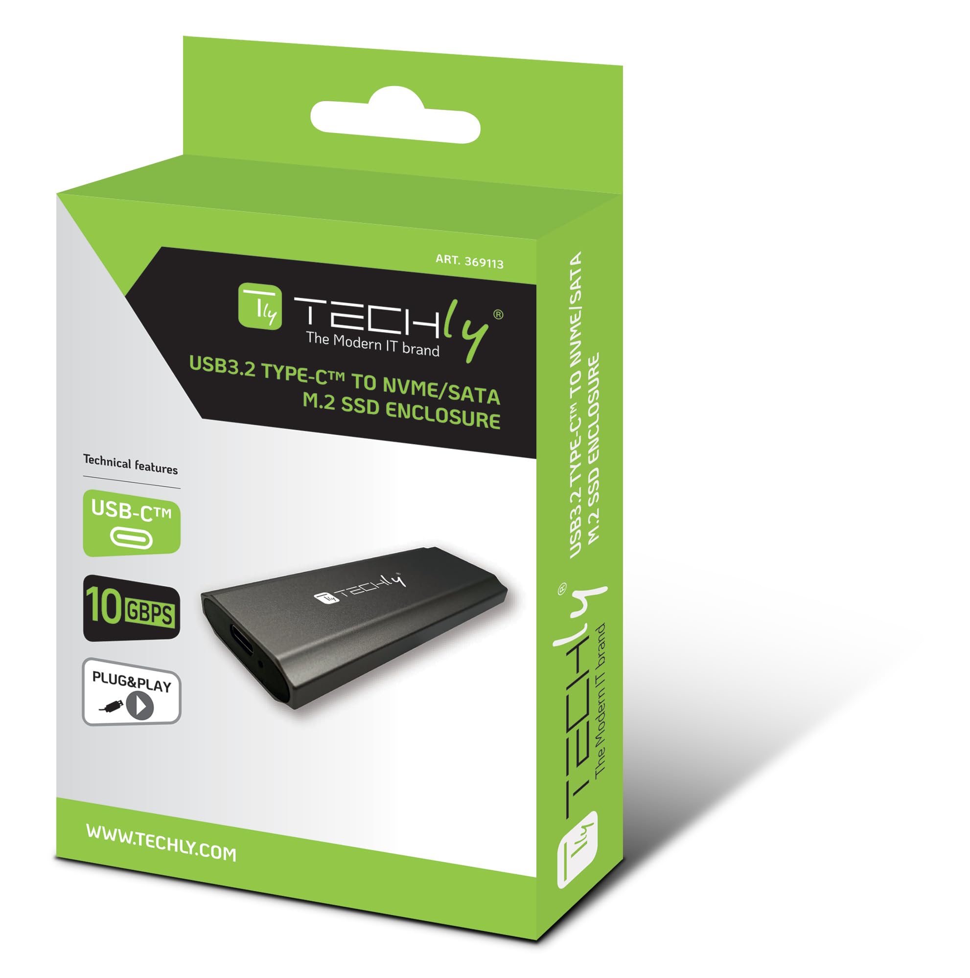 Techly 369113 Box Esterno USB-C™ USB3.2 Gen2 NVMe/SATA M.2 SSD Grigio