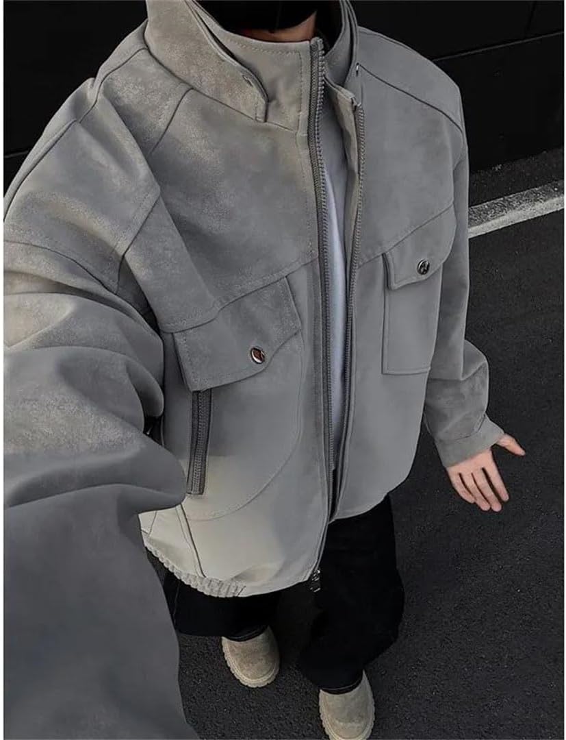 Men Motorcycle Jacket Stand Collar Patchwork Biker Coat Casual Riding Jacket
