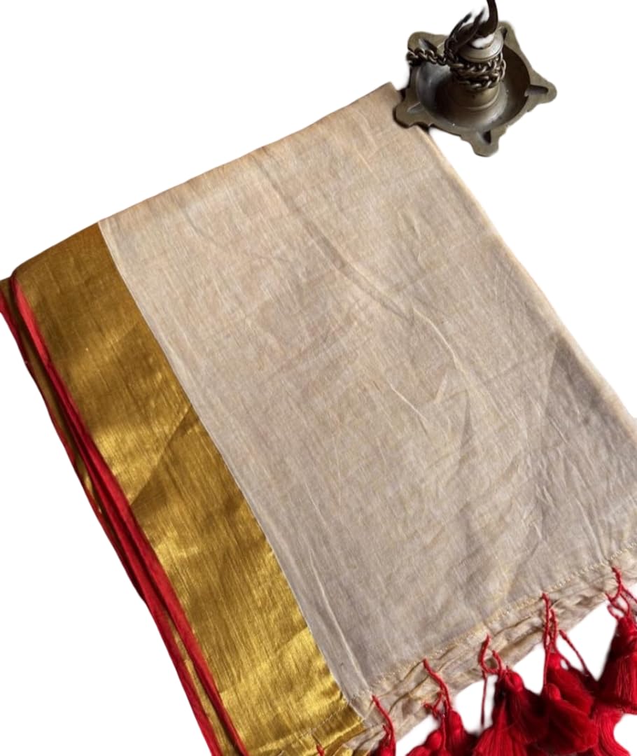 Elegant Beige Cotton Saree with Golden Border & Red Tassels-image-7