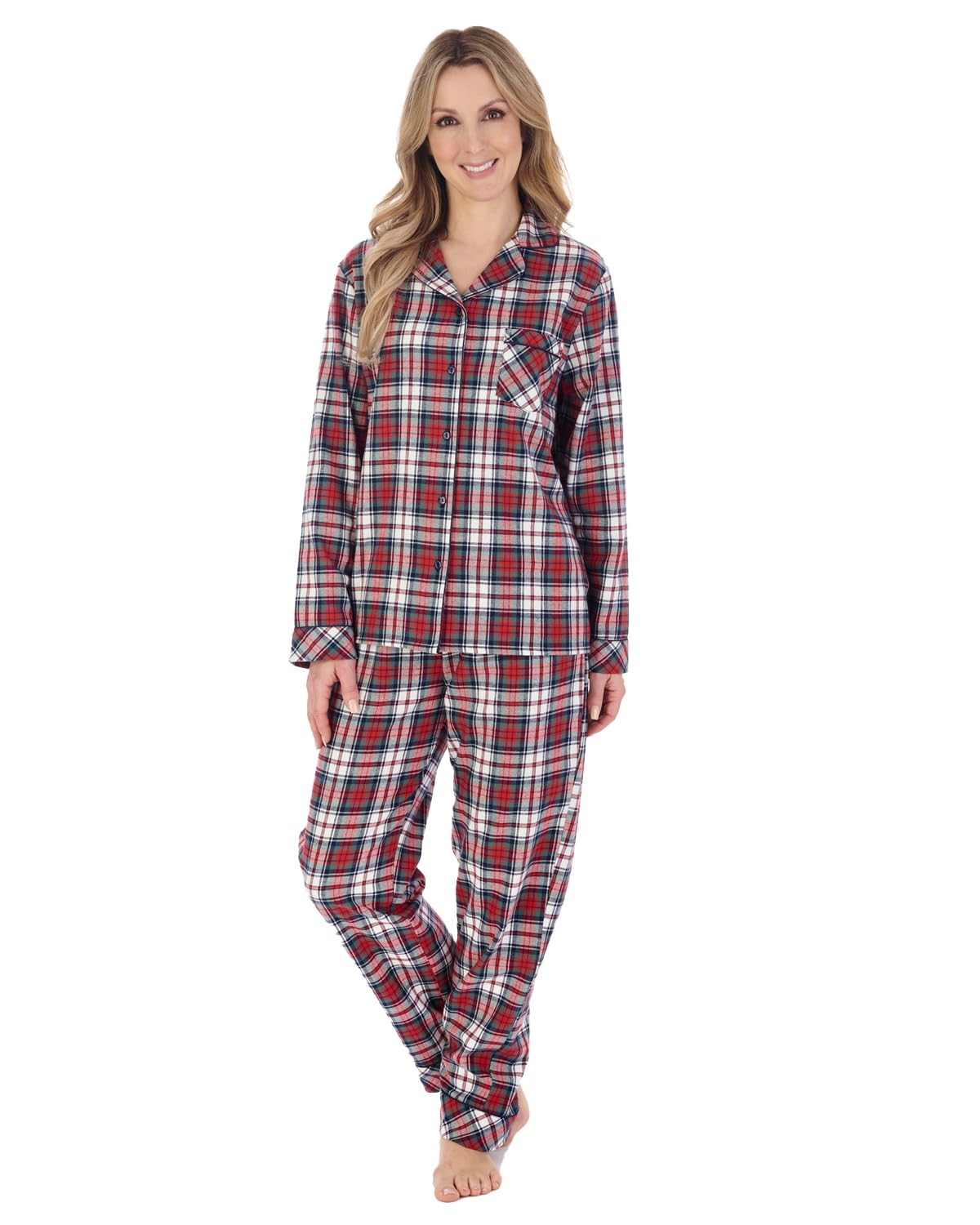 Slenderella Ladies Red Check Pyjamas Button Up Top & PJ Bottoms Yarn Dyed Cotton Set (UK 20/22)